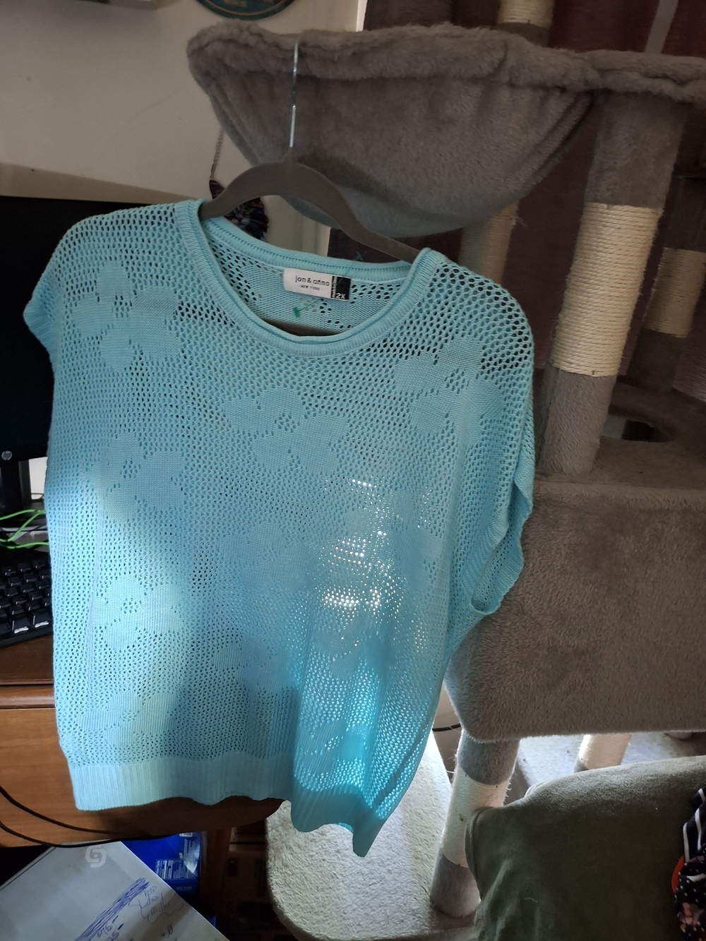 Jon & Anna Aqua Blue Floral Open-Knit Crewneck Sweater